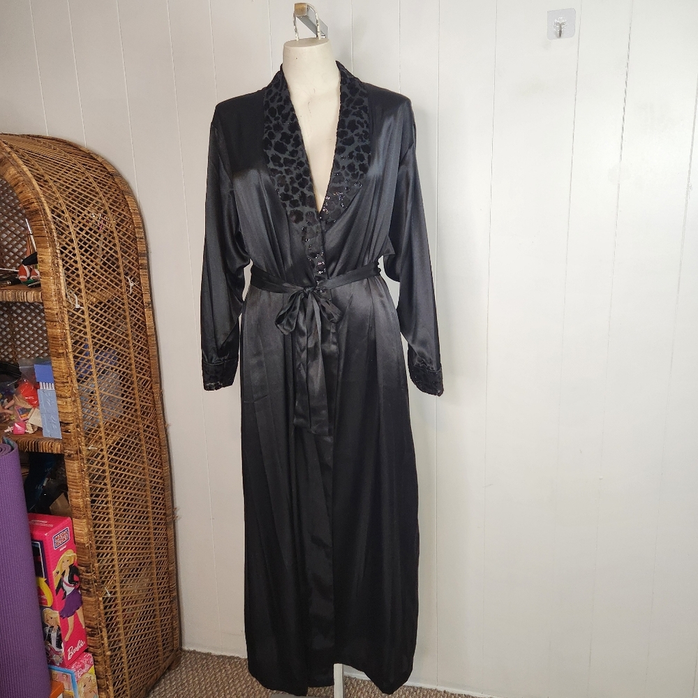 Vintage Black Satin Leopard Lace Edge Robe Boudoir Sexy Lingerie Pin-Up Large